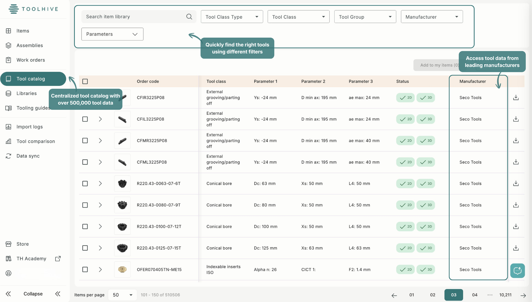 Toolhive tool catalog showing search filters, centralized tooling data, and manufacturer information.