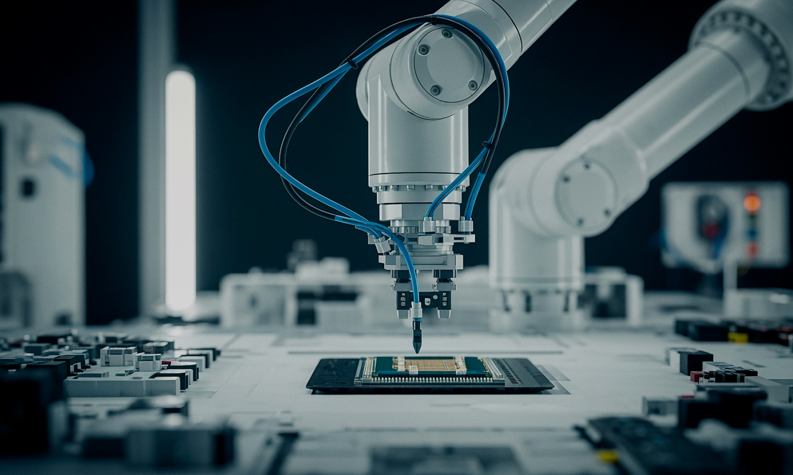 Robotic arm placing a chip on a circuit board
