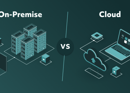 An isometric graphic comparing on-premise and cloud infrastructure on a teal background.