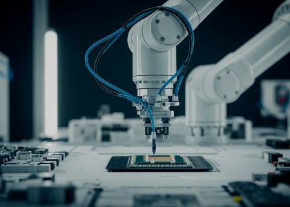 Robotic arm placing a chip on a circuit board