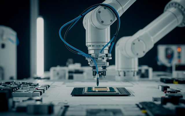 Robotic arm placing a chip on a circuit board